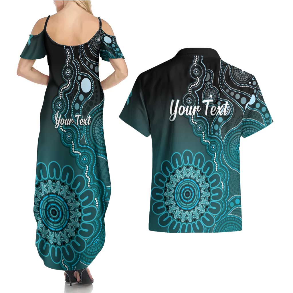 Personalised Ovarian Cancer Awareness Couples Matching Summer Maxi Dress and Hawaiian Shirt Teal Ribbon Aboriginal Art