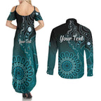 Personalised Ovarian Cancer Awareness Couples Matching Summer Maxi Dress and Long Sleeve Button Shirt Teal Ribbon Aboriginal Art
