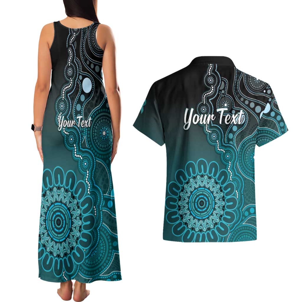Personalised Ovarian Cancer Awareness Couples Matching Tank Maxi Dress and Hawaiian Shirt Teal Ribbon Aboriginal Art