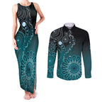 Personalised Ovarian Cancer Awareness Couples Matching Tank Maxi Dress and Long Sleeve Button Shirt Teal Ribbon Aboriginal Art