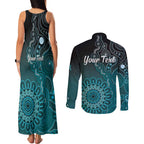 Personalised Ovarian Cancer Awareness Couples Matching Tank Maxi Dress and Long Sleeve Button Shirt Teal Ribbon Aboriginal Art