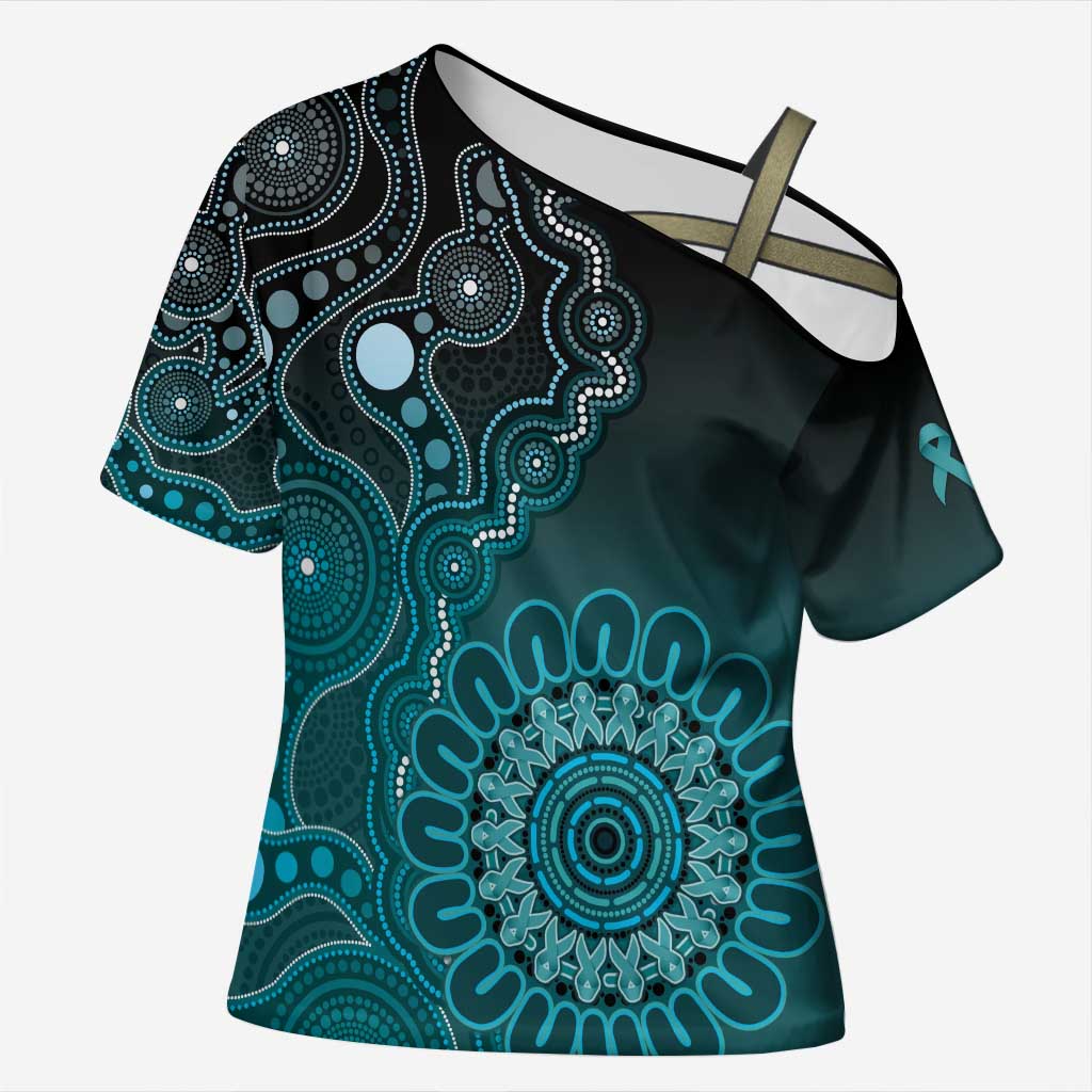 Personalised Ovarian Cancer Awareness Cross Shoulder Shirt Teal Ribbon Aboriginal Art