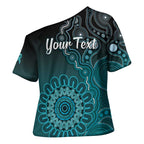 Personalised Ovarian Cancer Awareness Cross Shoulder Shirt Teal Ribbon Aboriginal Art