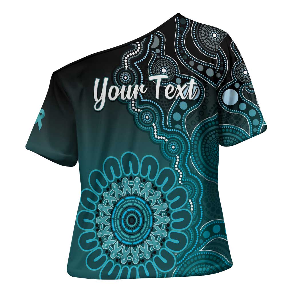 Personalised Ovarian Cancer Awareness Cross Shoulder Shirt Teal Ribbon Aboriginal Art