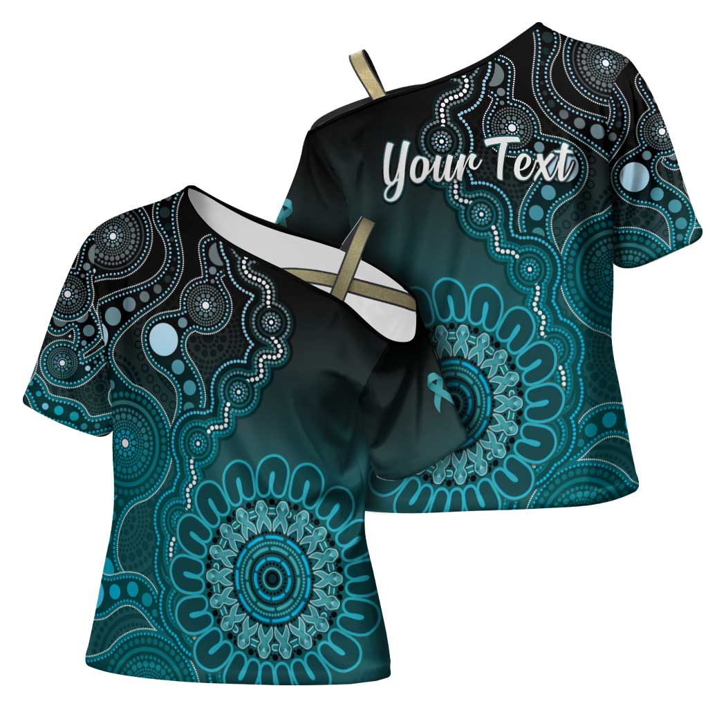 Personalised Ovarian Cancer Awareness Cross Shoulder Shirt Teal Ribbon Aboriginal Art