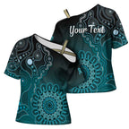 Personalised Ovarian Cancer Awareness Cross Shoulder Shirt Teal Ribbon Aboriginal Art