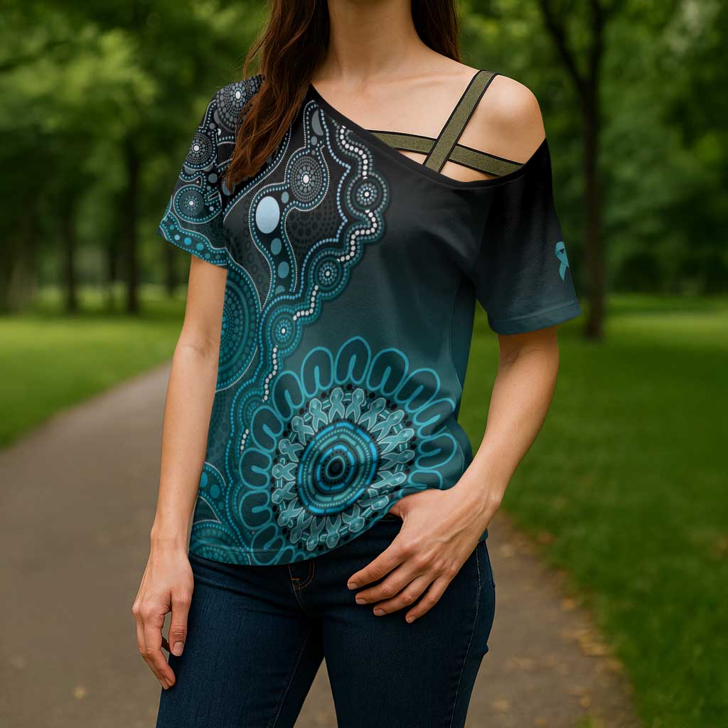 Personalised Ovarian Cancer Awareness Cross Shoulder Shirt Teal Ribbon Aboriginal Art