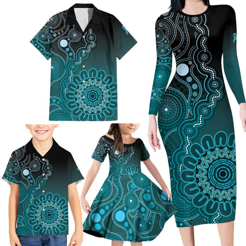 Personalised Ovarian Cancer Awareness Family Matching Long Sleeve Bodycon Dress and Hawaiian Shirt Teal Ribbon Aboriginal Art