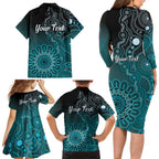 Personalised Ovarian Cancer Awareness Family Matching Long Sleeve Bodycon Dress and Hawaiian Shirt Teal Ribbon Aboriginal Art