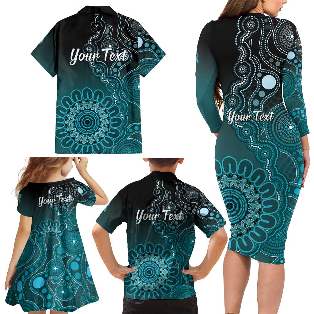 Personalised Ovarian Cancer Awareness Family Matching Long Sleeve Bodycon Dress and Hawaiian Shirt Teal Ribbon Aboriginal Art