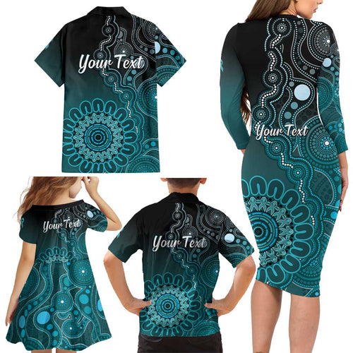 Personalised Ovarian Cancer Awareness Family Matching Long Sleeve Bodycon Dress and Hawaiian Shirt Teal Ribbon Aboriginal Art