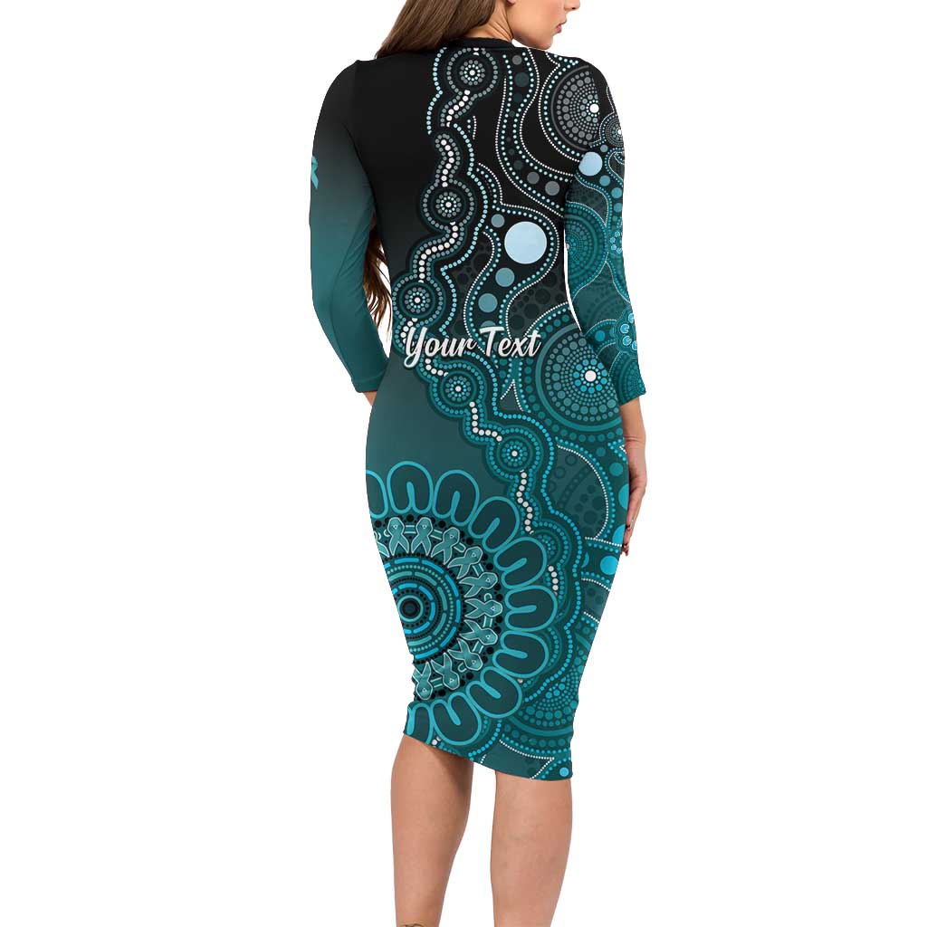 Personalised Ovarian Cancer Awareness Family Matching Long Sleeve Bodycon Dress and Hawaiian Shirt Teal Ribbon Aboriginal Art