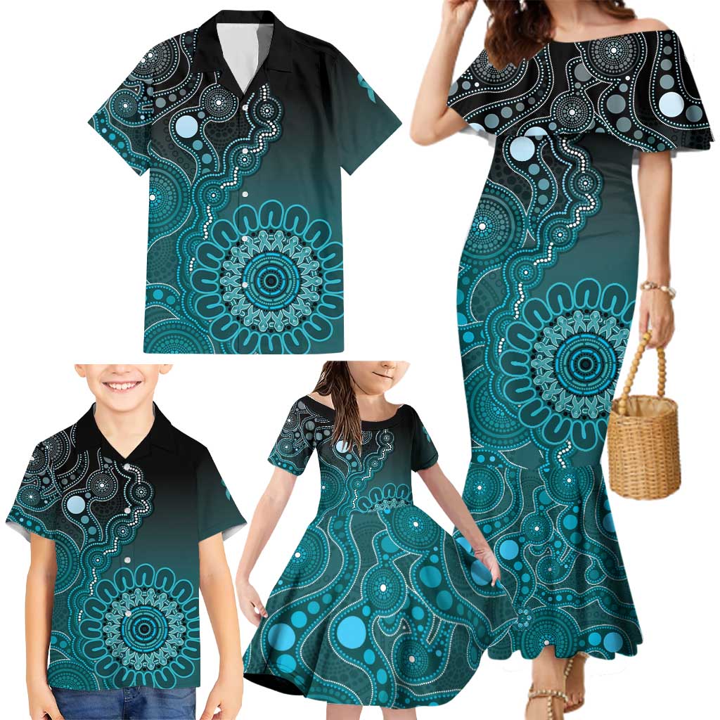 Personalised Ovarian Cancer Awareness Family Matching Mermaid Dress and Hawaiian Shirt Teal Ribbon Aboriginal Art