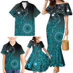Personalised Ovarian Cancer Awareness Family Matching Mermaid Dress and Hawaiian Shirt Teal Ribbon Aboriginal Art