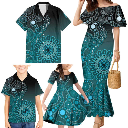Personalised Ovarian Cancer Awareness Family Matching Mermaid Dress and Hawaiian Shirt Teal Ribbon Aboriginal Art