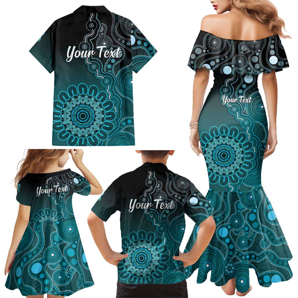 Personalised Ovarian Cancer Awareness Family Matching Mermaid Dress and Hawaiian Shirt Teal Ribbon Aboriginal Art