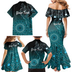 Personalised Ovarian Cancer Awareness Family Matching Mermaid Dress and Hawaiian Shirt Teal Ribbon Aboriginal Art