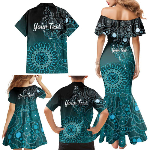 Personalised Ovarian Cancer Awareness Family Matching Mermaid Dress and Hawaiian Shirt Teal Ribbon Aboriginal Art