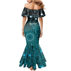 Personalised Ovarian Cancer Awareness Family Matching Mermaid Dress and Hawaiian Shirt Teal Ribbon Aboriginal Art