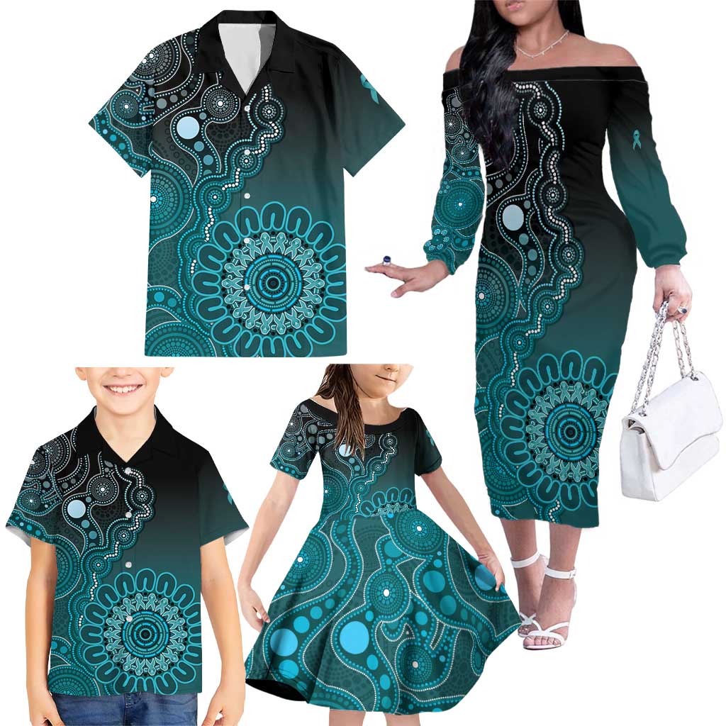 Personalised Ovarian Cancer Awareness Family Matching Off The Shoulder Long Sleeve Dress and Hawaiian Shirt Teal Ribbon Aboriginal Art