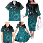 Personalised Ovarian Cancer Awareness Family Matching Off The Shoulder Long Sleeve Dress and Hawaiian Shirt Teal Ribbon Aboriginal Art