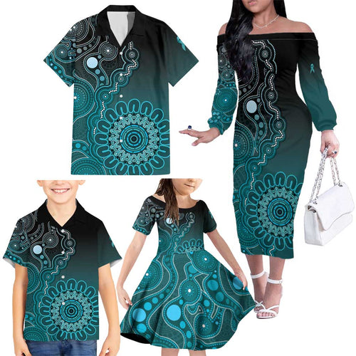 Personalised Ovarian Cancer Awareness Family Matching Off The Shoulder Long Sleeve Dress and Hawaiian Shirt Teal Ribbon Aboriginal Art