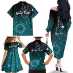 Personalised Ovarian Cancer Awareness Family Matching Off The Shoulder Long Sleeve Dress and Hawaiian Shirt Teal Ribbon Aboriginal Art