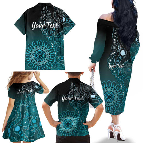 Personalised Ovarian Cancer Awareness Family Matching Off The Shoulder Long Sleeve Dress and Hawaiian Shirt Teal Ribbon Aboriginal Art