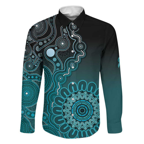Personalised Ovarian Cancer Awareness Family Matching Off The Shoulder Long Sleeve Dress and Hawaiian Shirt Teal Ribbon Aboriginal Art