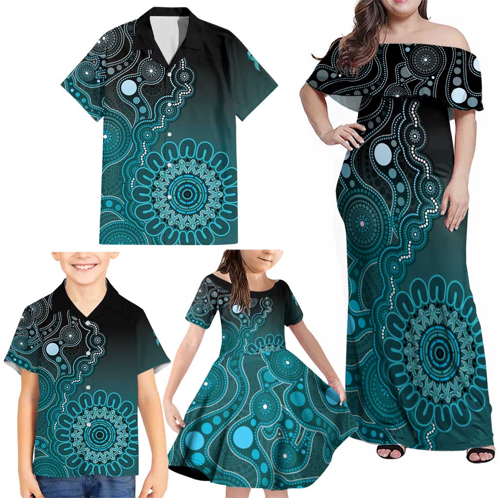 Personalised Ovarian Cancer Awareness Family Matching Off Shoulder Maxi Dress and Hawaiian Shirt Teal Ribbon Aboriginal Art