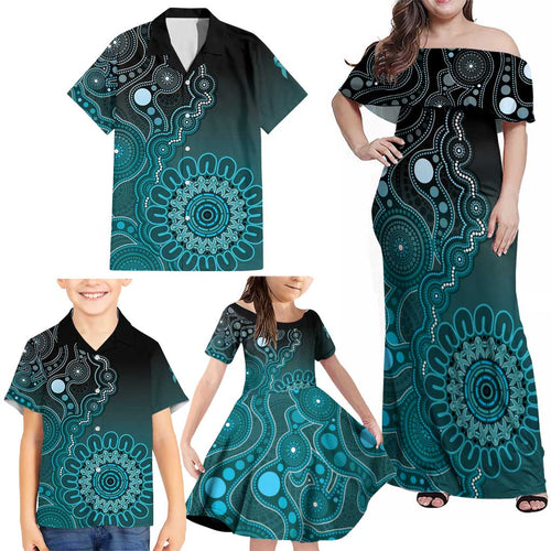 Personalised Ovarian Cancer Awareness Family Matching Off Shoulder Maxi Dress and Hawaiian Shirt Teal Ribbon Aboriginal Art