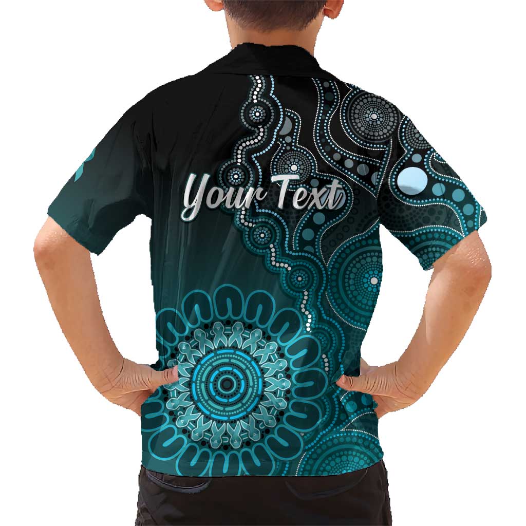 Personalised Ovarian Cancer Awareness Family Matching Off Shoulder Maxi Dress and Hawaiian Shirt Teal Ribbon Aboriginal Art