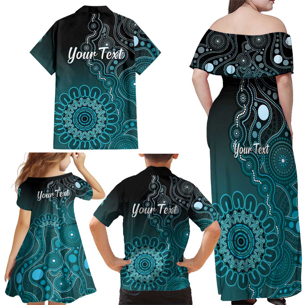 Personalised Ovarian Cancer Awareness Family Matching Off Shoulder Maxi Dress and Hawaiian Shirt Teal Ribbon Aboriginal Art