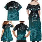 Personalised Ovarian Cancer Awareness Family Matching Off Shoulder Maxi Dress and Hawaiian Shirt Teal Ribbon Aboriginal Art