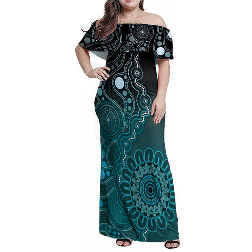 Personalised Ovarian Cancer Awareness Family Matching Off Shoulder Maxi Dress and Hawaiian Shirt Teal Ribbon Aboriginal Art