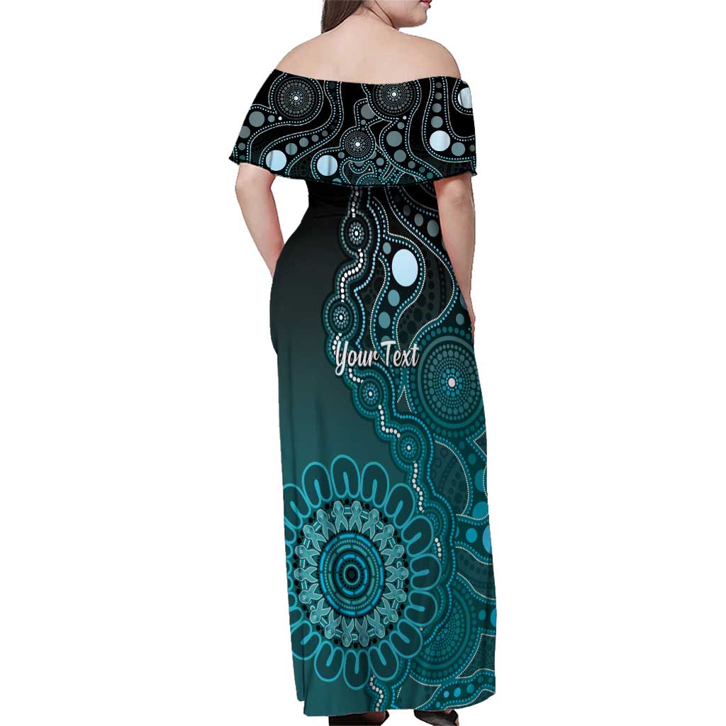 Personalised Ovarian Cancer Awareness Family Matching Off Shoulder Maxi Dress and Hawaiian Shirt Teal Ribbon Aboriginal Art