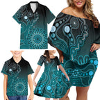 Personalised Ovarian Cancer Awareness Family Matching Off Shoulder Short Dress and Hawaiian Shirt Teal Ribbon Aboriginal Art