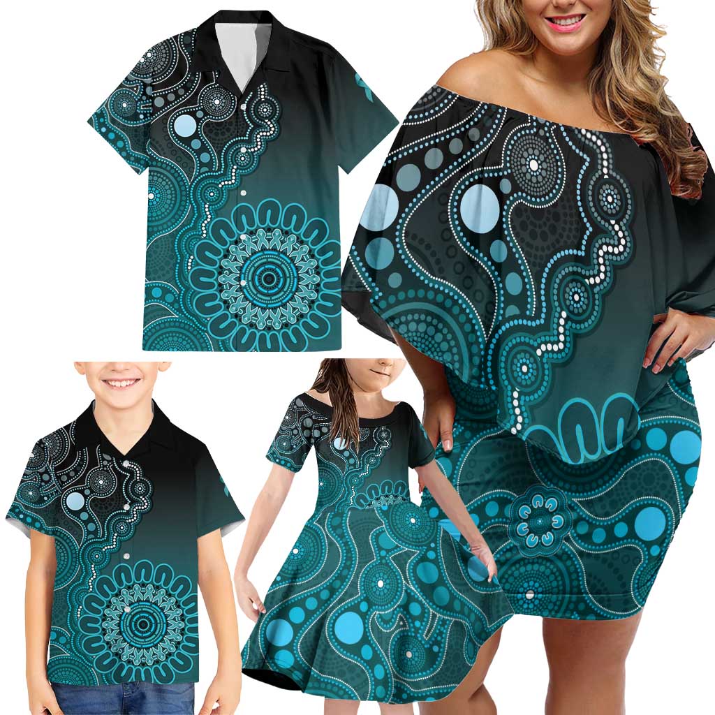 Personalised Ovarian Cancer Awareness Family Matching Off Shoulder Short Dress and Hawaiian Shirt Teal Ribbon Aboriginal Art