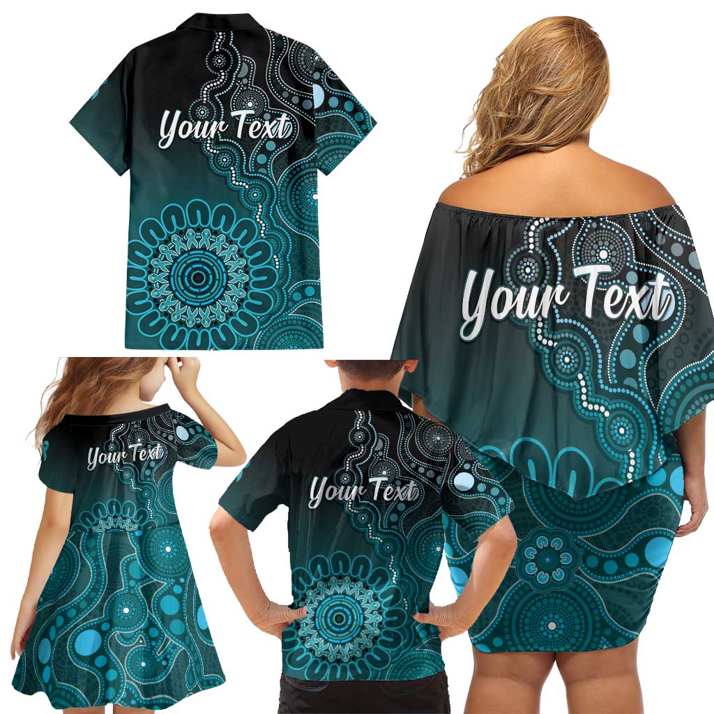 Personalised Ovarian Cancer Awareness Family Matching Off Shoulder Short Dress and Hawaiian Shirt Teal Ribbon Aboriginal Art