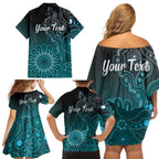 Personalised Ovarian Cancer Awareness Family Matching Off Shoulder Short Dress and Hawaiian Shirt Teal Ribbon Aboriginal Art