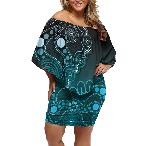 Personalised Ovarian Cancer Awareness Family Matching Off Shoulder Short Dress and Hawaiian Shirt Teal Ribbon Aboriginal Art