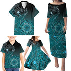 Personalised Ovarian Cancer Awareness Family Matching Puletasi and Hawaiian Shirt Teal Ribbon Aboriginal Art