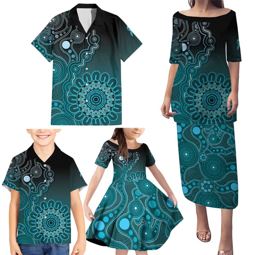 Personalised Ovarian Cancer Awareness Family Matching Puletasi and Hawaiian Shirt Teal Ribbon Aboriginal Art