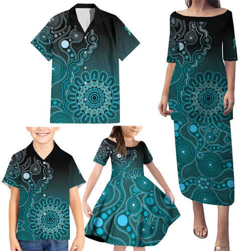 Personalised Ovarian Cancer Awareness Family Matching Puletasi and Hawaiian Shirt Teal Ribbon Aboriginal Art