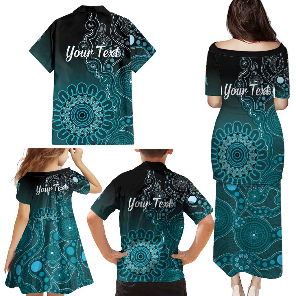 Personalised Ovarian Cancer Awareness Family Matching Puletasi and Hawaiian Shirt Teal Ribbon Aboriginal Art