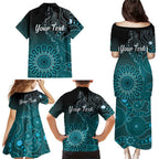 Personalised Ovarian Cancer Awareness Family Matching Puletasi and Hawaiian Shirt Teal Ribbon Aboriginal Art