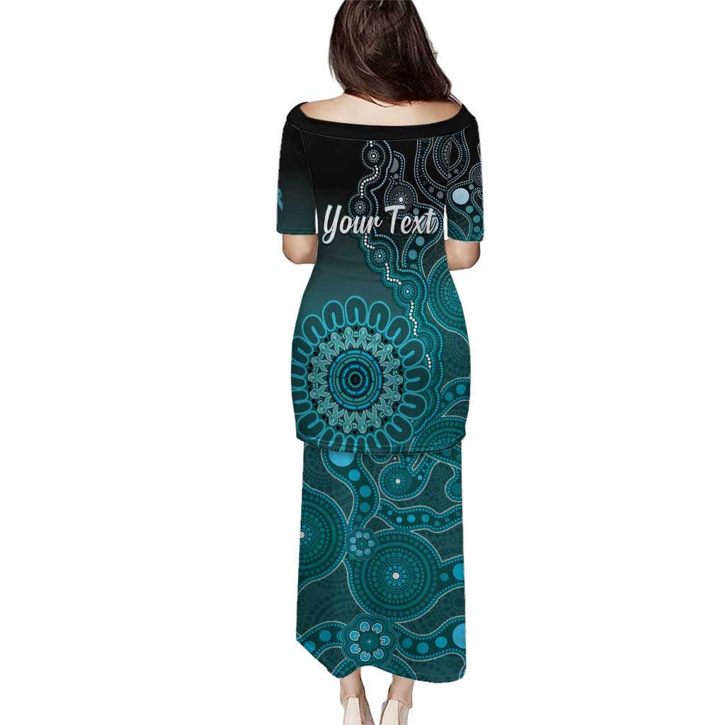 Personalised Ovarian Cancer Awareness Family Matching Puletasi and Hawaiian Shirt Teal Ribbon Aboriginal Art