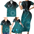 Personalised Ovarian Cancer Awareness Family Matching Short Sleeve Bodycon Dress and Hawaiian Shirt Teal Ribbon Aboriginal Art