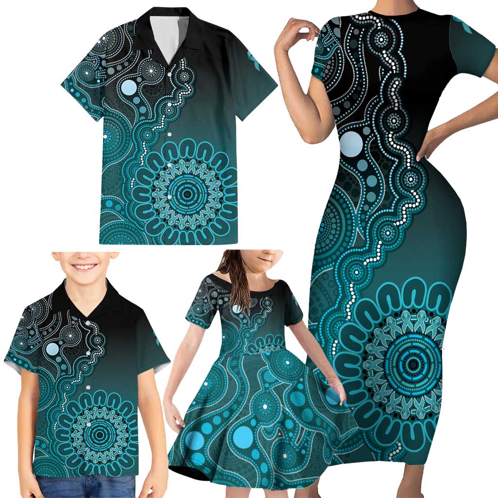 Personalised Ovarian Cancer Awareness Family Matching Short Sleeve Bodycon Dress and Hawaiian Shirt Teal Ribbon Aboriginal Art