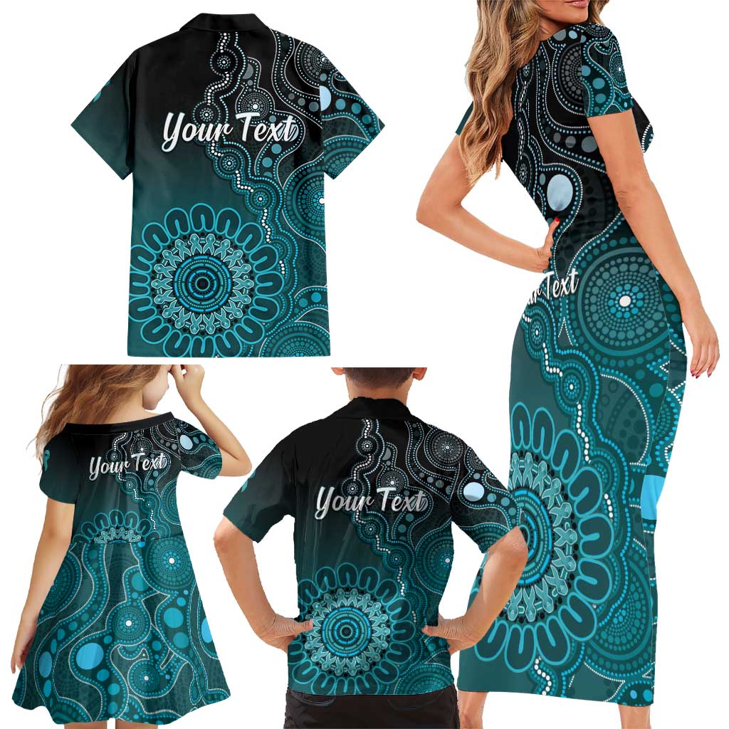 Personalised Ovarian Cancer Awareness Family Matching Short Sleeve Bodycon Dress and Hawaiian Shirt Teal Ribbon Aboriginal Art